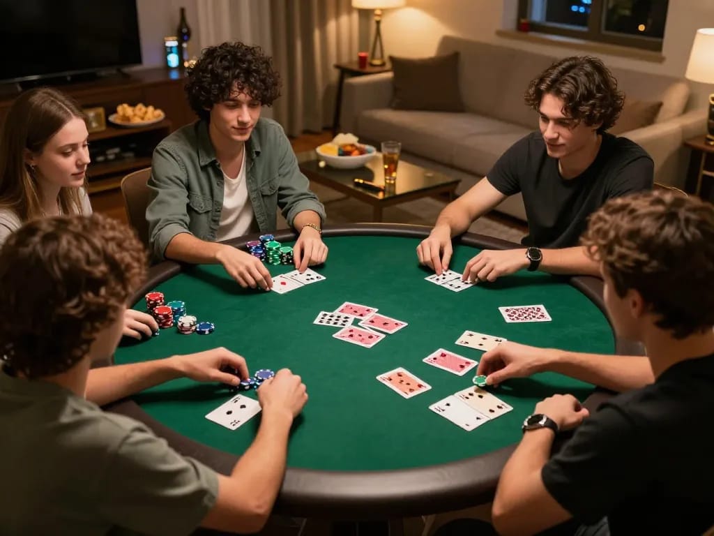 Friends enjoying a poker night at home, showcasing 789club gaming experience.