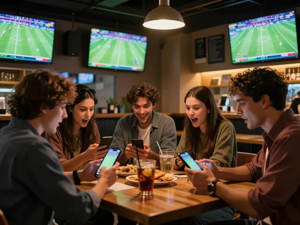 BONG88 mobile app displays live betting options, excited friends engage in sports betting action