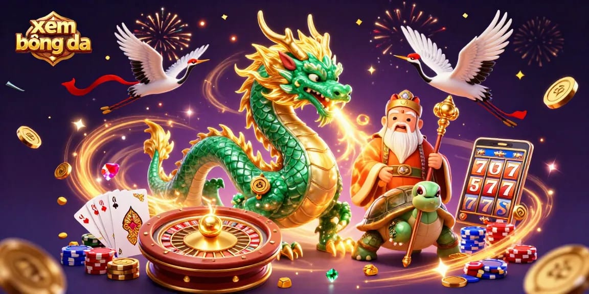 Xem bóng đá with shimmering treasures and dynamic characters celebrating a gaming win.