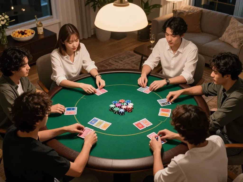 GO8 players strategizing during an exciting poker game night at home.
