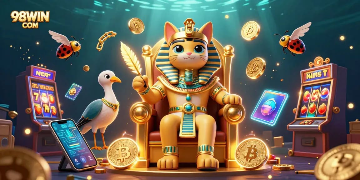 Experience the thrill of 98WIN COM with an Egyptian cat and crypto elements in a vibrant casino scene.