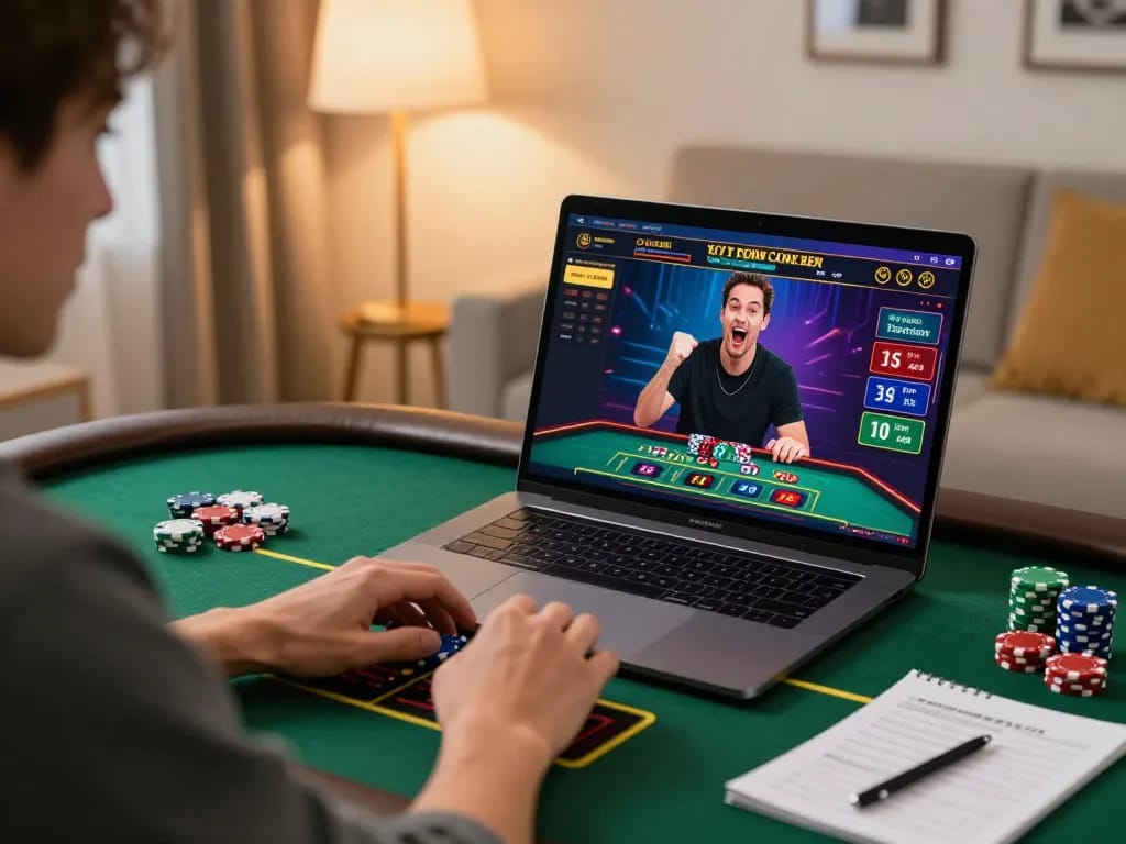 LU88 player enjoying live casino games on laptop in a cozy home setting