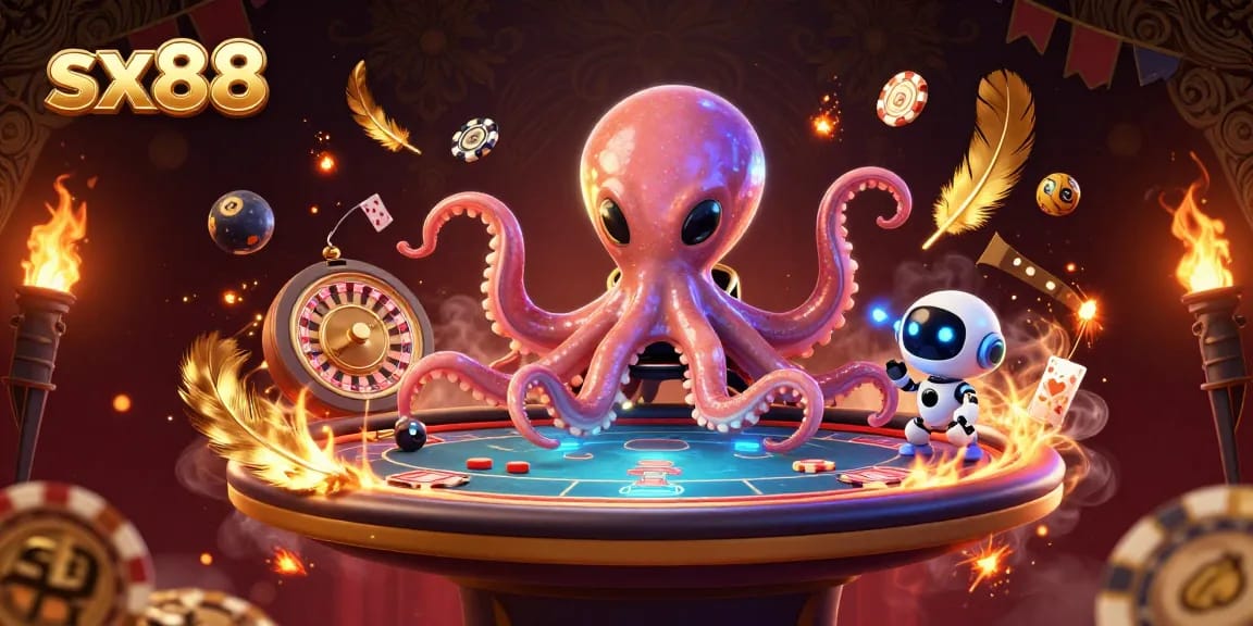 Play exciting games at sx88 with a vibrant alien octopus dealing poker and dynamic gambling elements.