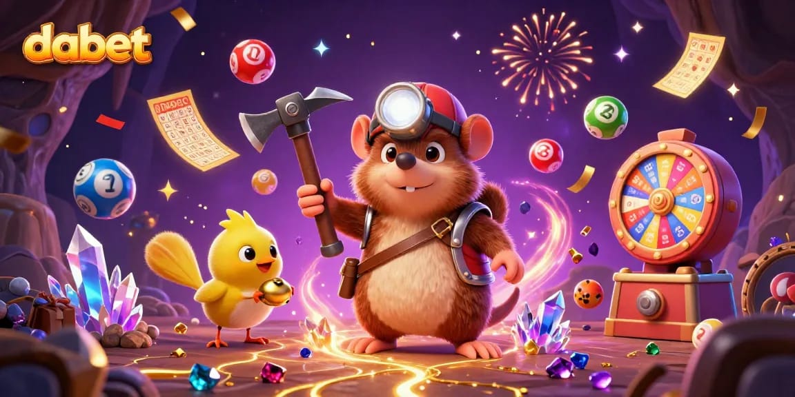 Experience gaming excitement with Dabet’s vibrant scene featuring a treasure hunter and lottery elements.