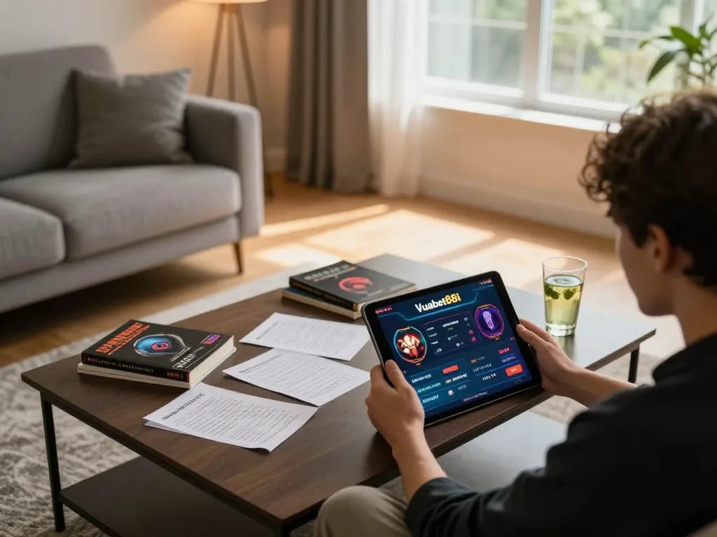 Player engaging with Vuabet88i's online gaming platform, showcasing an immersive experience in a cozy home setting