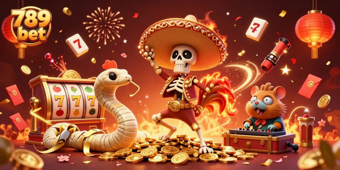 Experience vibrant gaming with 789 bet, featuring exciting slot reels, confetti, and animated characters.