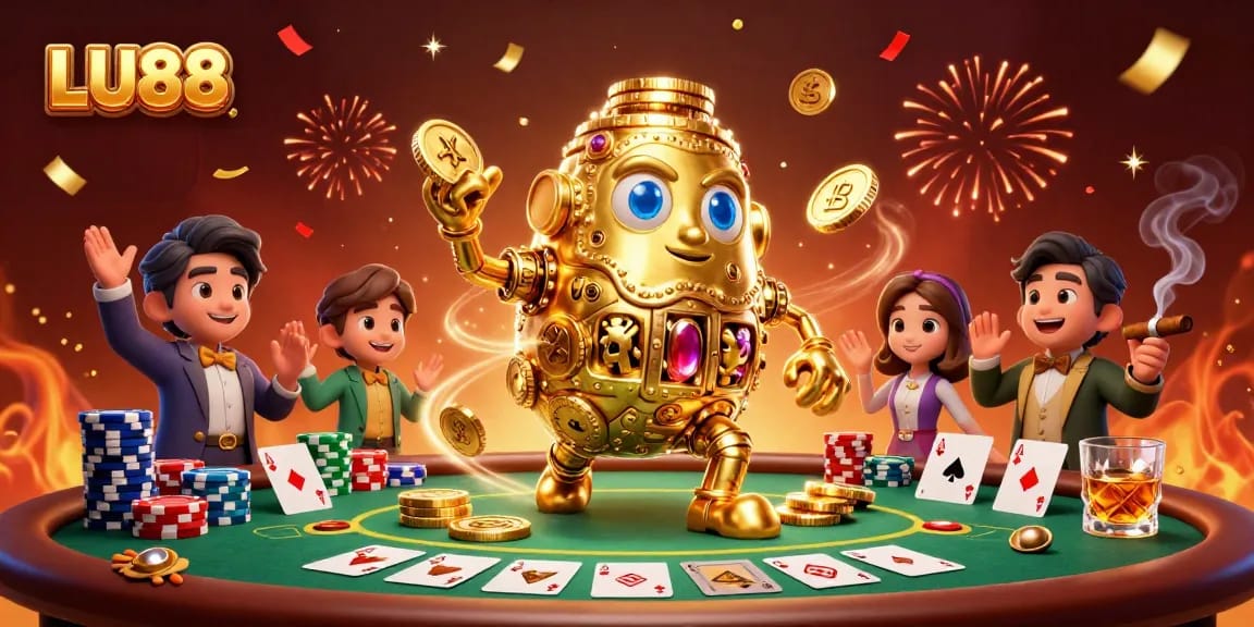 LU88's thrilling casino experience with a golden golem and poker elements in a vibrant setting.