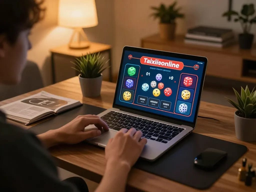 Taking part in taixiuonline gaming, a player bets on colorful dice in a cozy home office.