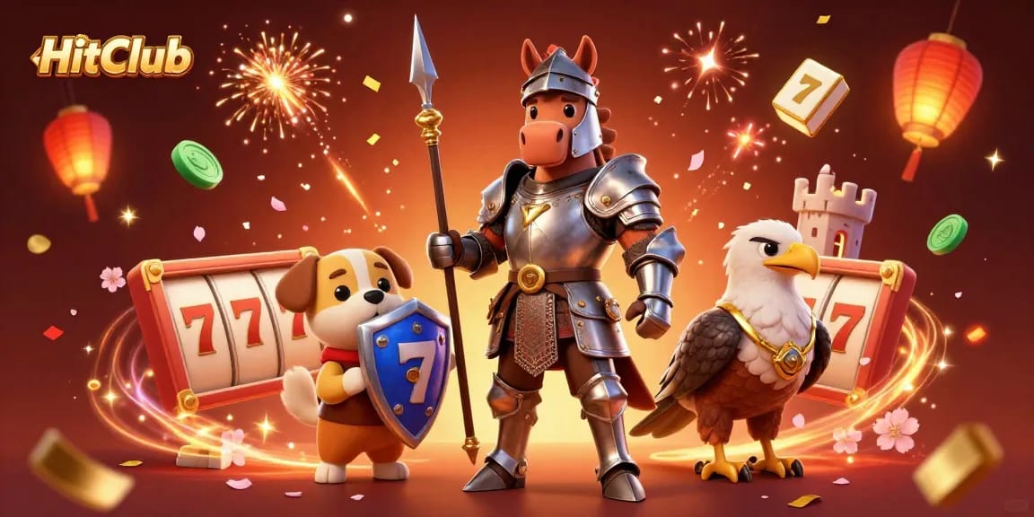 Engage with HitClub's dynamic 3D casino scene featuring knights, slots, and festive elements.