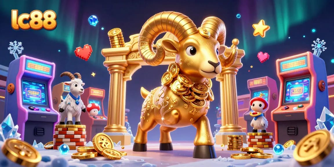 Engage in thrilling gaming with lc88 as a golden ram charges through a vibrant casino scene full of excitement.