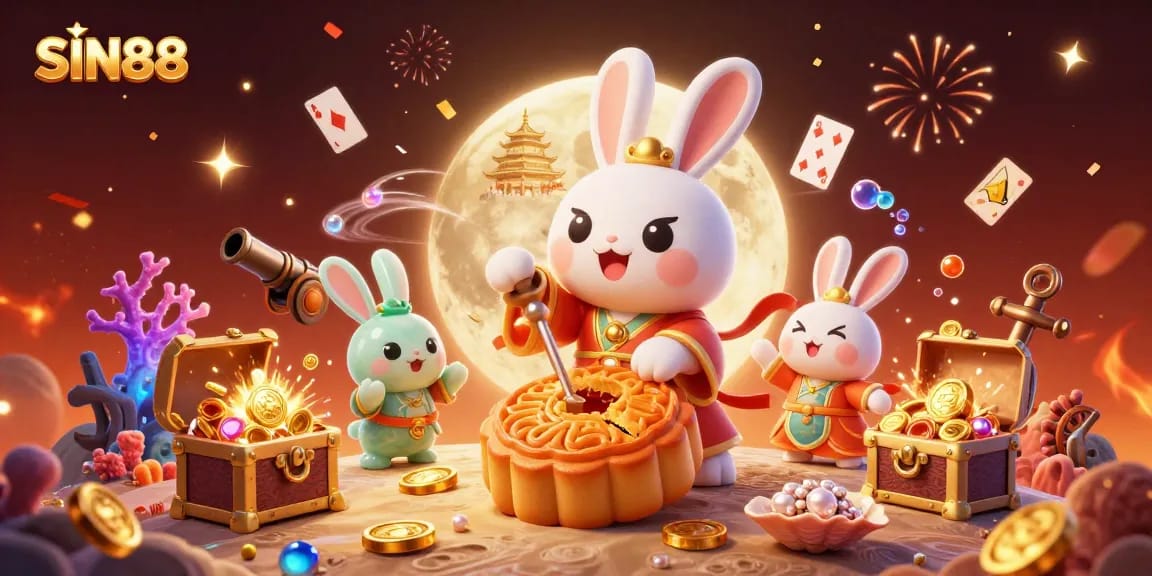 SIN88 showcases a whimsical scene with a moon rabbit creating mooncakes filled with poker chips amidst vibrant casino elements.