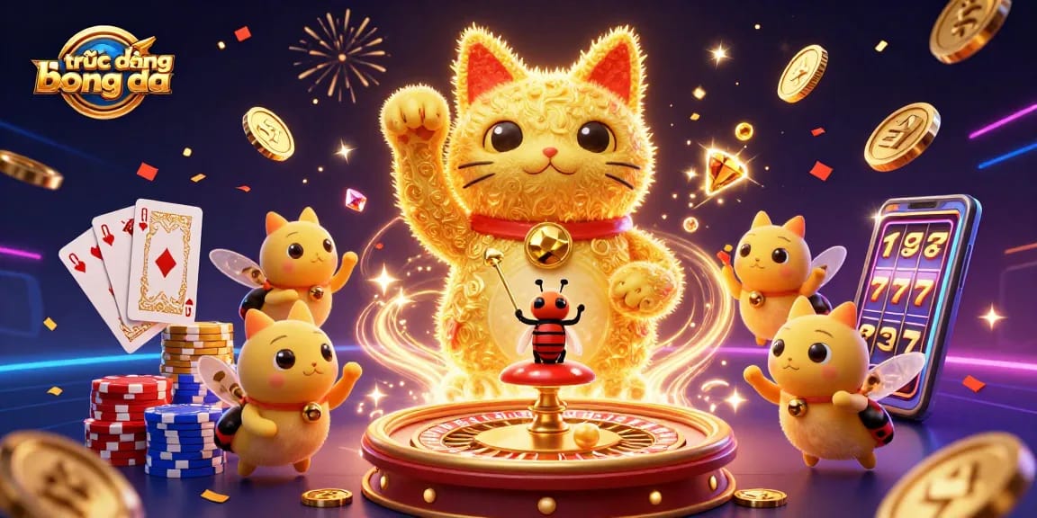 Experience trực tiếp bóng đá with dazzling animations and casino symbols in a vibrant 3D scene.