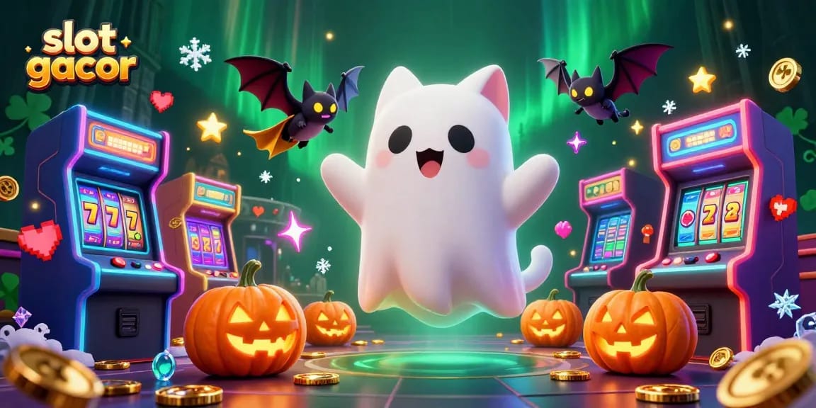 Engage with slot gacor strategies in a vibrant casino scene featuring a ghost cat and arcade elements.