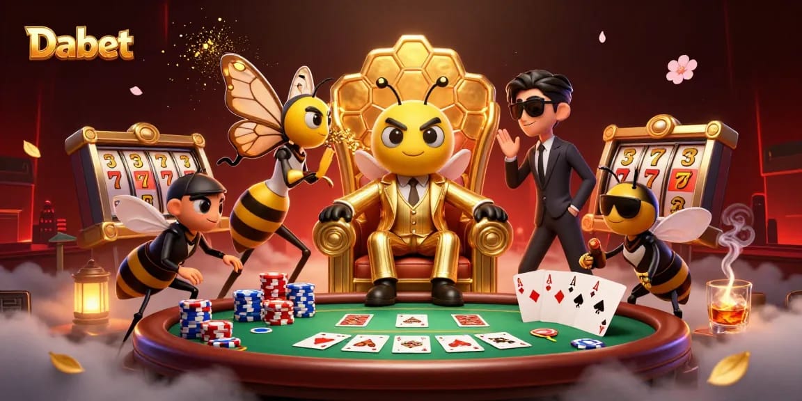 Dabet showcases an energetic bumblebee mob boss surrounded by exciting poker and slot elements in a dazzling casino scene.