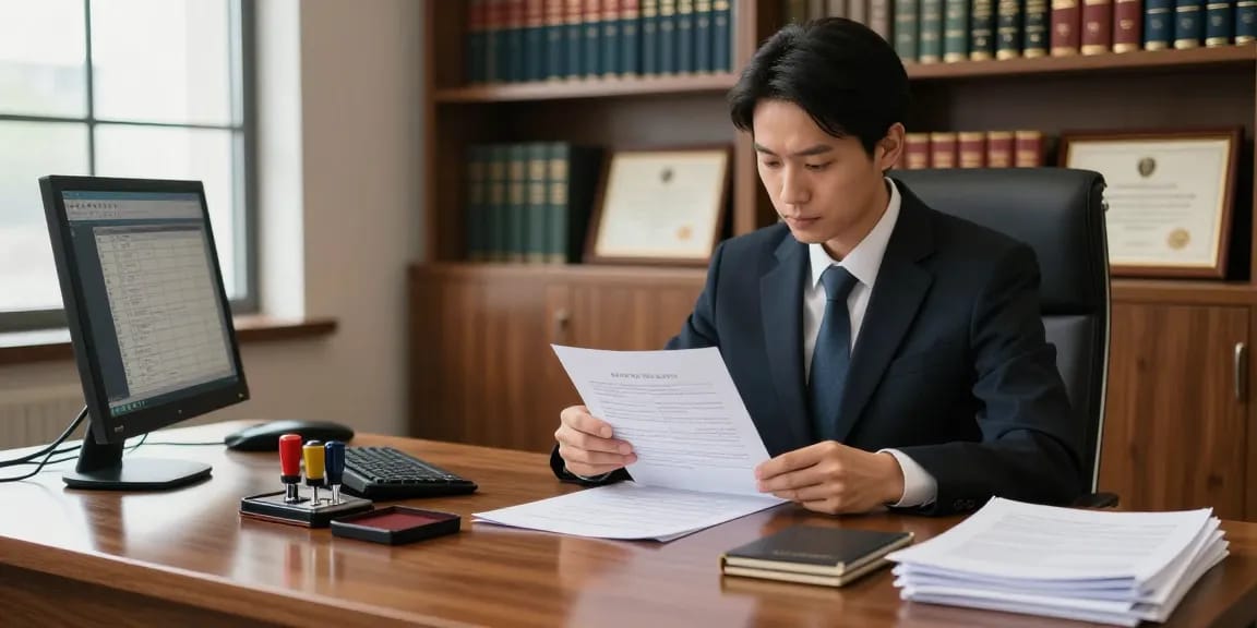 Apostille application process at a legal office, featuring a professional reviewing documents and tools for authentication.