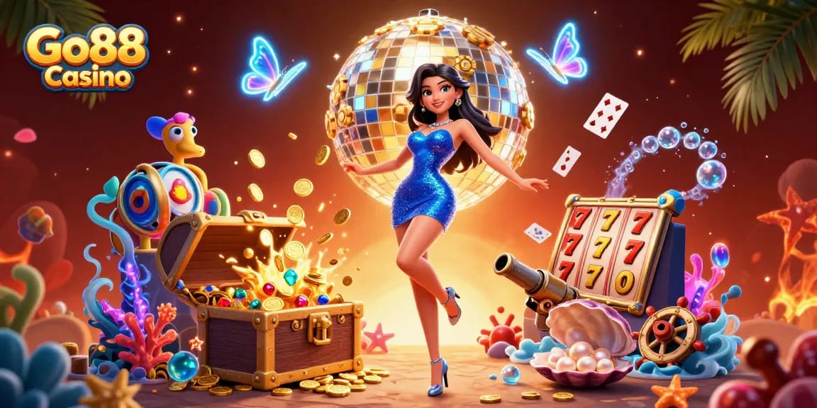 Experience the thrilling ambiance of Go88 Casino, with a dazzling dance scene and vibrant casino elements.