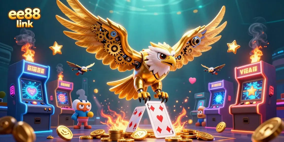 Engage with the thrilling ee88 link as the cybernetic golden eagle navigates a vibrant digital casino landscape.
