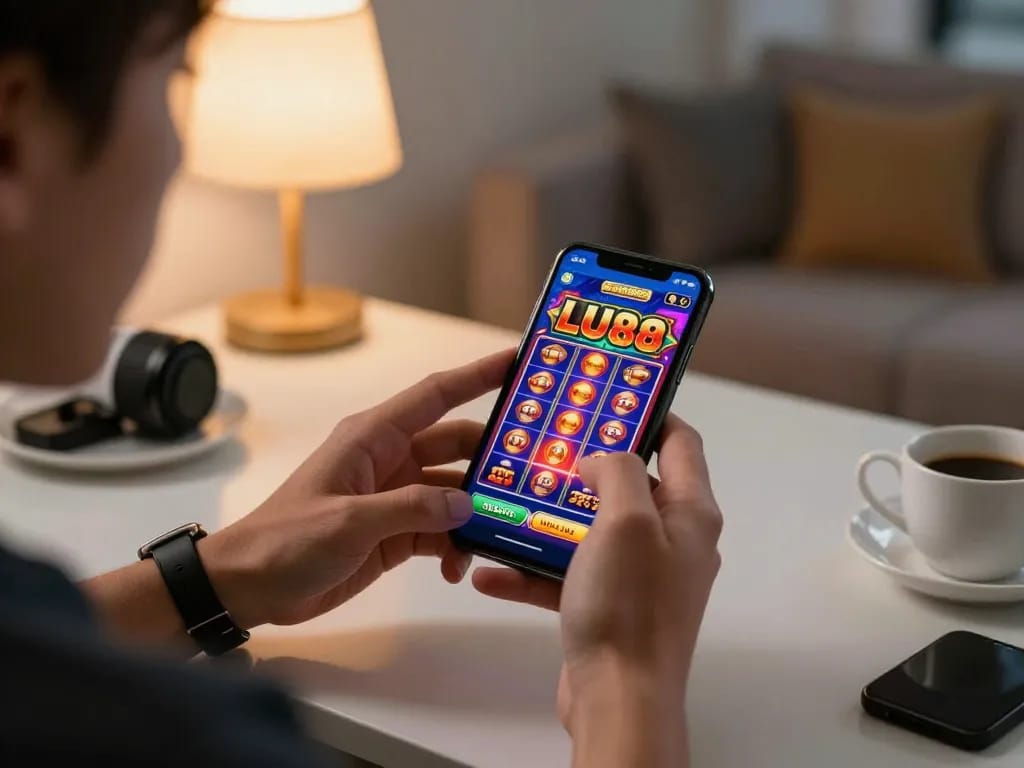 Player enjoying online gaming experience on LU88 mobile app in a cozy home environment.