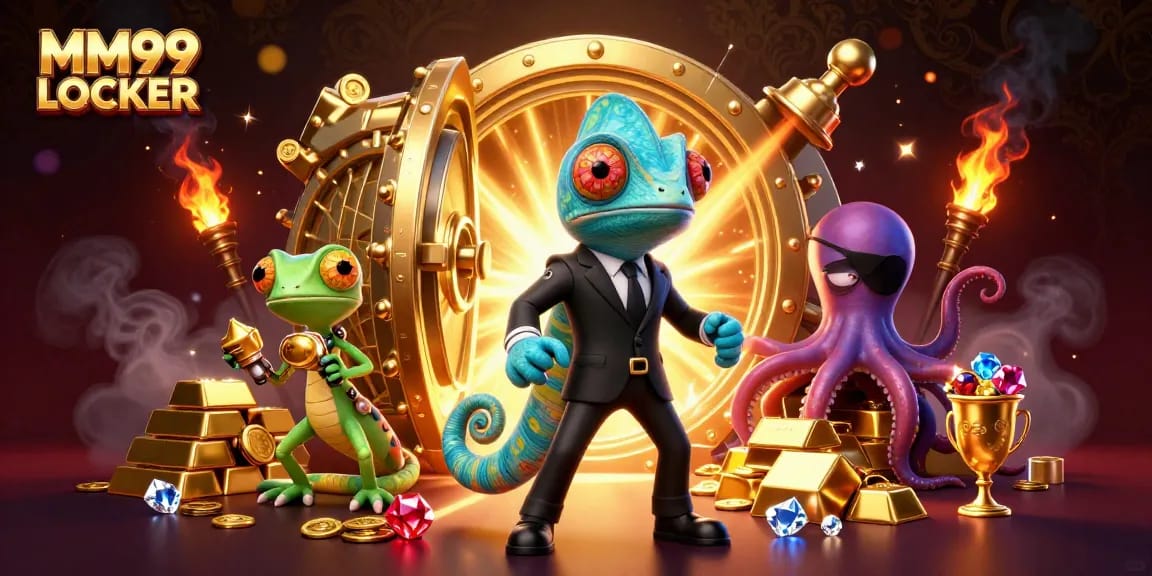 Engage with thrilling experiences at MM99 LOCKER, featuring a colorful secret agent chameleon and a tech-gecko in a treasure-filled scene.
