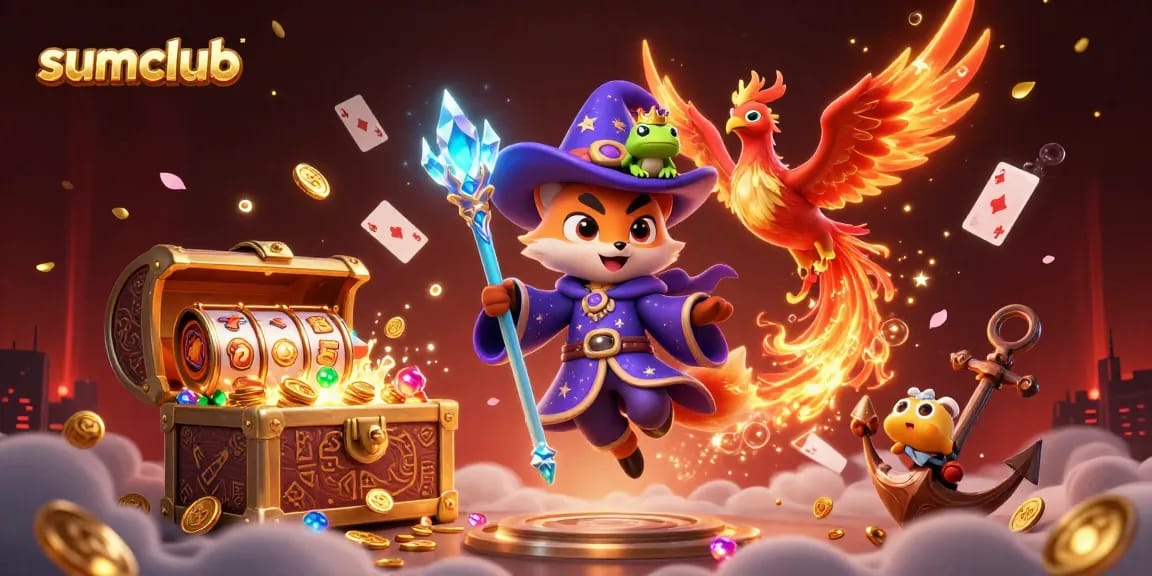 Experience thrilling gameplay in sumclub with a 3D mystical wizard fox amid vibrant casino elements.