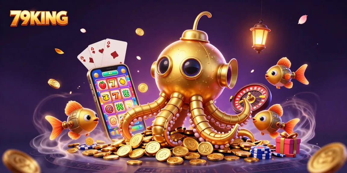 Experience thrilling slots with 79KING featuring a golden kraken emerging from coins and dynamic game elements.