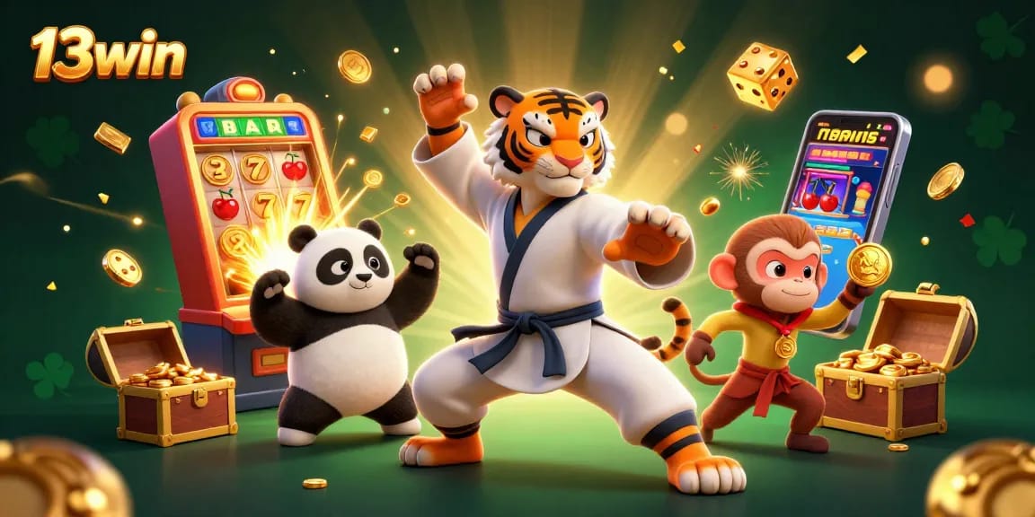 Experience thrilling wins with 13win as characters dance amidst slot machines and gold treasures.