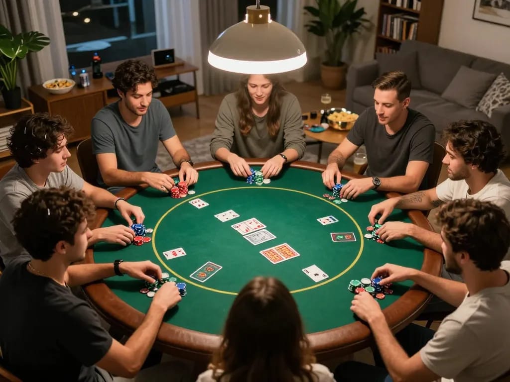 Friends enjoying a thrilling poker night at home, showcasing strategic gameplay and excitement, featuring bet88 branding.