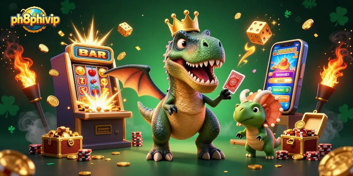 Experience thrilling gameplay with ph8phivip's dynamic casino scene featuring a T-Rex and friends.