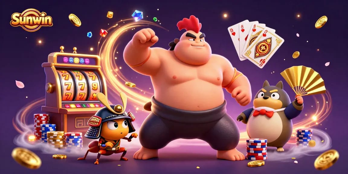 Sunwin offers a dynamic and colorful scene of an exciting slot game featuring cartoon characters and vibrant gaming elements.
