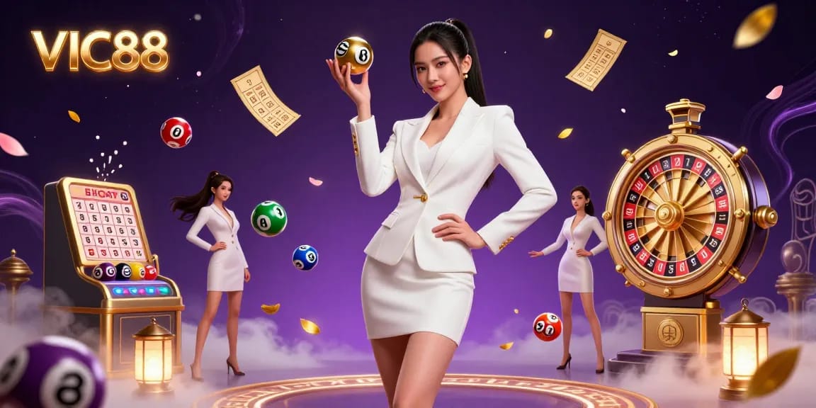Experience the thrill of VIC88 casino with vibrant game elements and a confident host in a dynamic, luxurious setting.