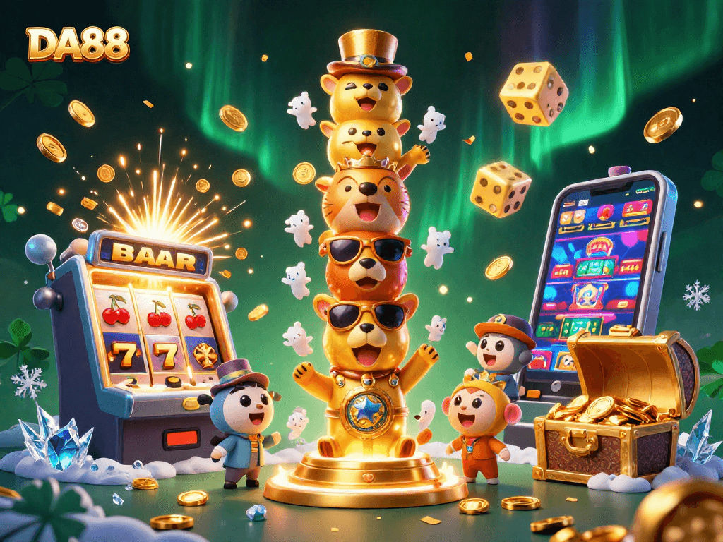 Spin to win at DA88 with the vibrant 3D casino illustration showcasing slot machine and golden totem elements.