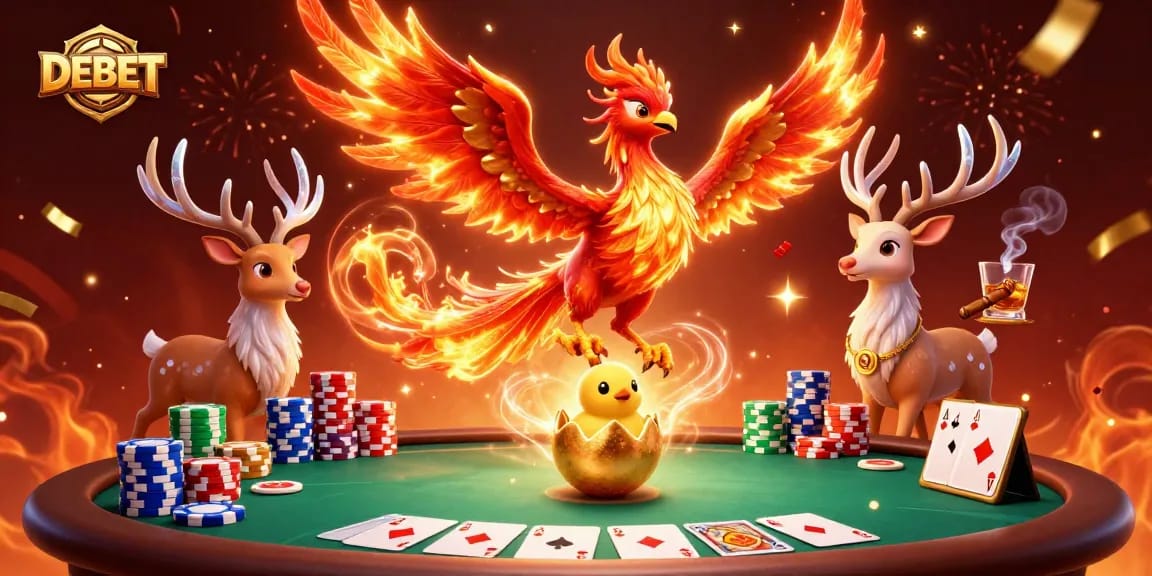 Engage in thrilling poker action at DEBET with vibrant phoenix characters and dynamic casino elements.