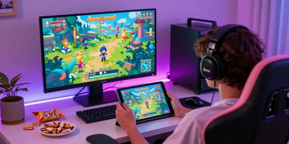 Engaging scene of a player enjoying a hentaigame on a tablet in a lively setting.