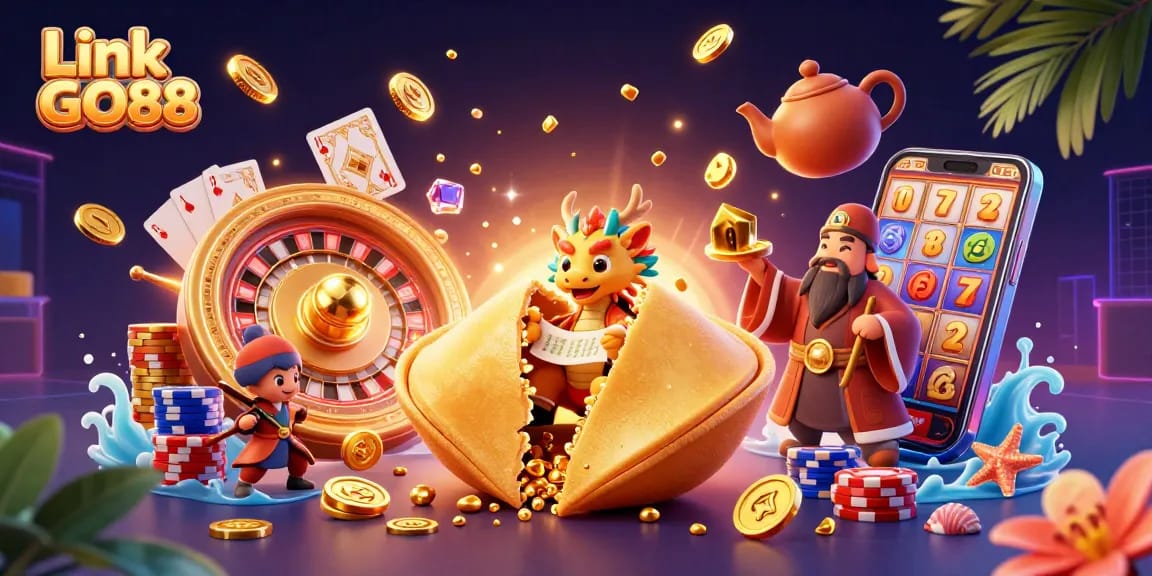 Experience the excitement of Link GO88 with vibrant casino elements and a magical fortune cookie scene.