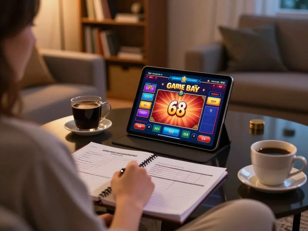 Enjoying 68 Game Bài on a tablet while practicing responsible gambling at home