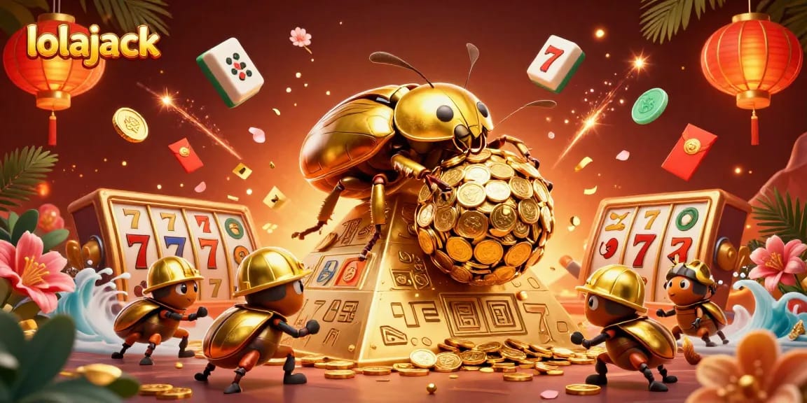 Experience thrilling gaming at lolajack Casino with golden beetles rolling coins amidst casino symbols and festive elements.