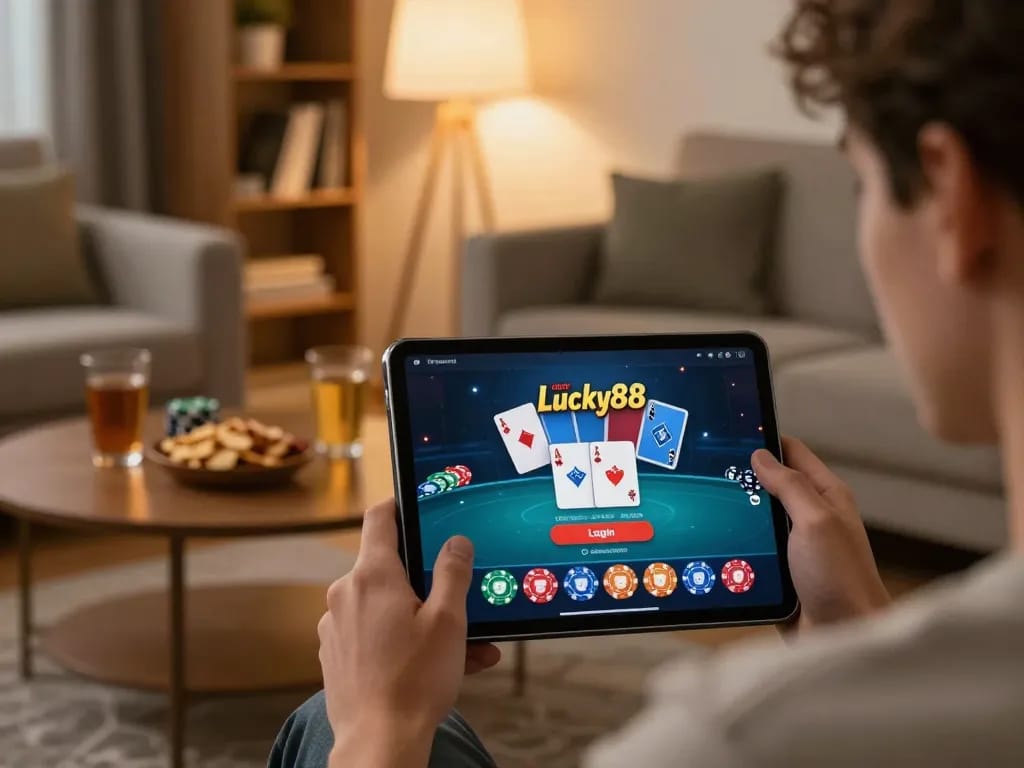 Engaged user accessing Login Lucky88 on a tablet in a cozy home gaming setup, emphasizing responsible gambling