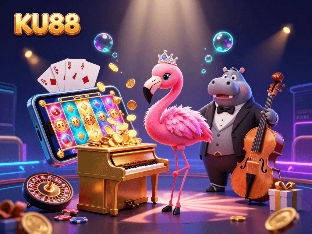 Engage with KU88's vibrant casino scene featuring a flamingo singer and enchanting game elements.