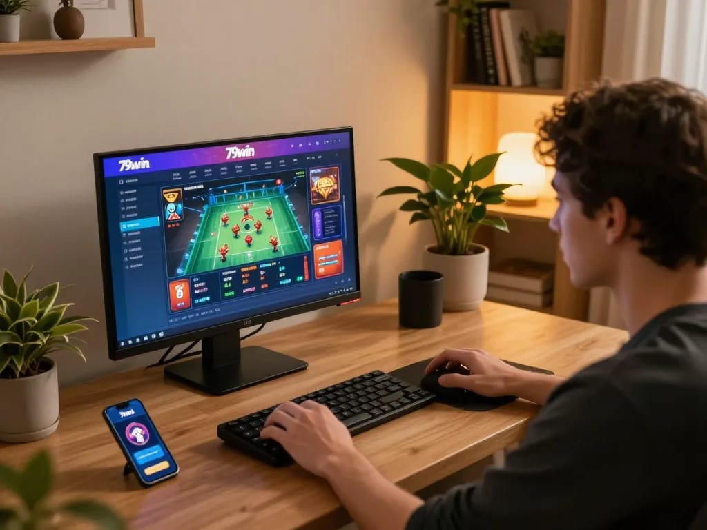 Engaged player analyzing game strategies on 79win online casino interface while using smartphone.