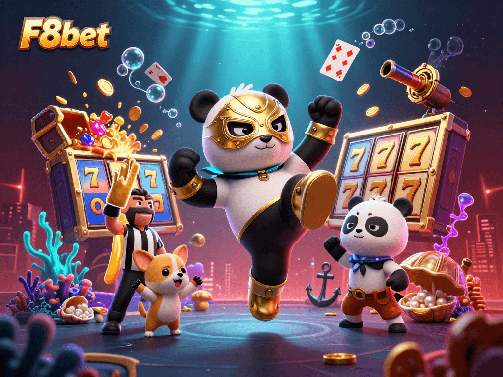 Experience vibrant F8bet excitement with a kicking panda wrestler surrounded by slot elements.