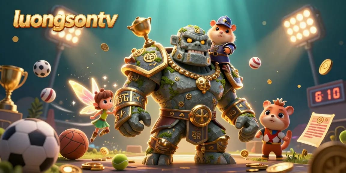 luongsontv presents a vibrant scene of a guardian golem, fairy, and hamster knight amidst dynamic sports elements and sparkling magic.