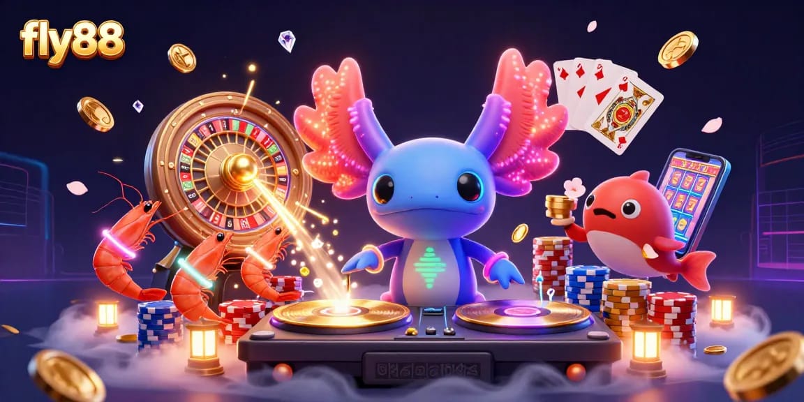 fly88 showcases a vibrant 3D casino scene featuring a neon axolotl DJ, spinning records with shrimp dancers.