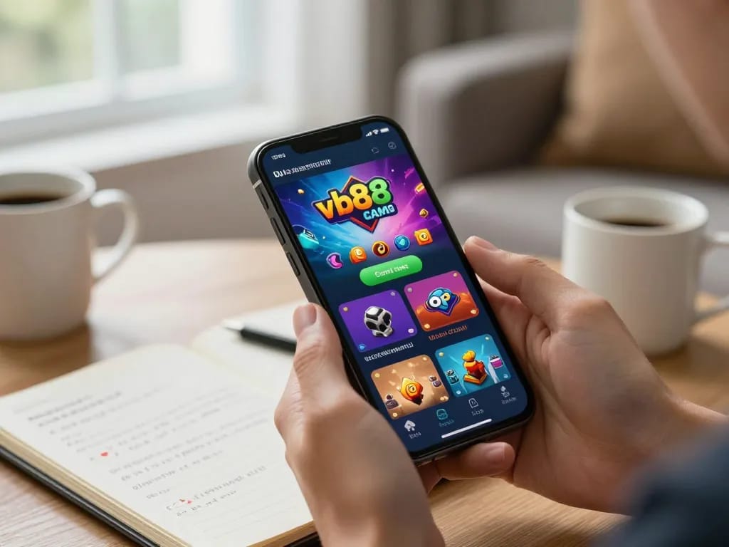 Engaging mobile gaming experience on vb88game app, showcasing vibrant casino options in a cozy setting.