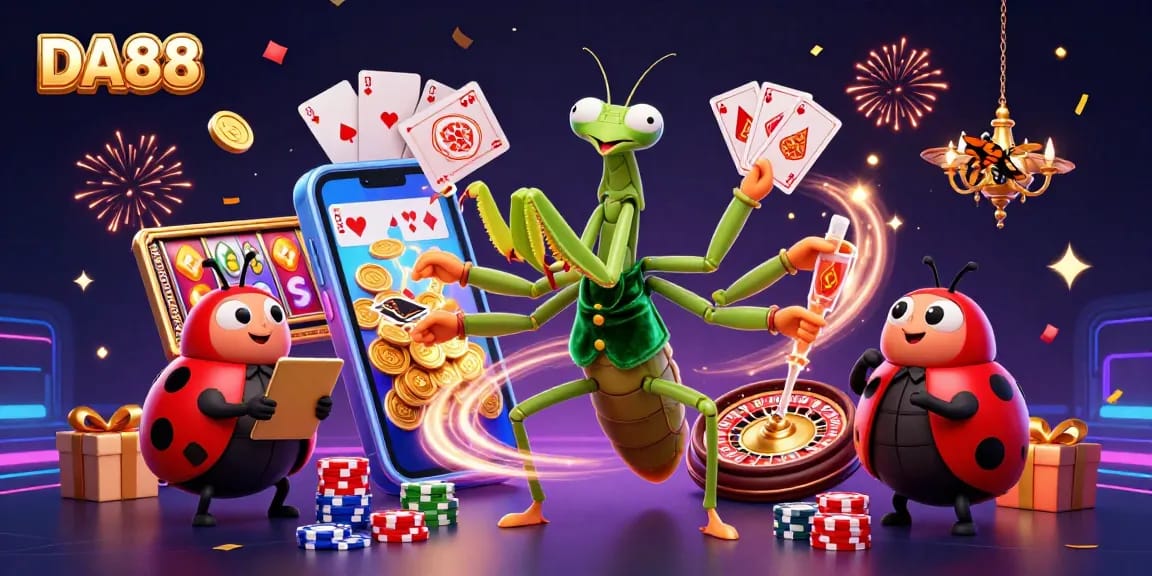 Engage with DA88's thrilling gambling experience featuring vibrant casino elements and dynamic characters.