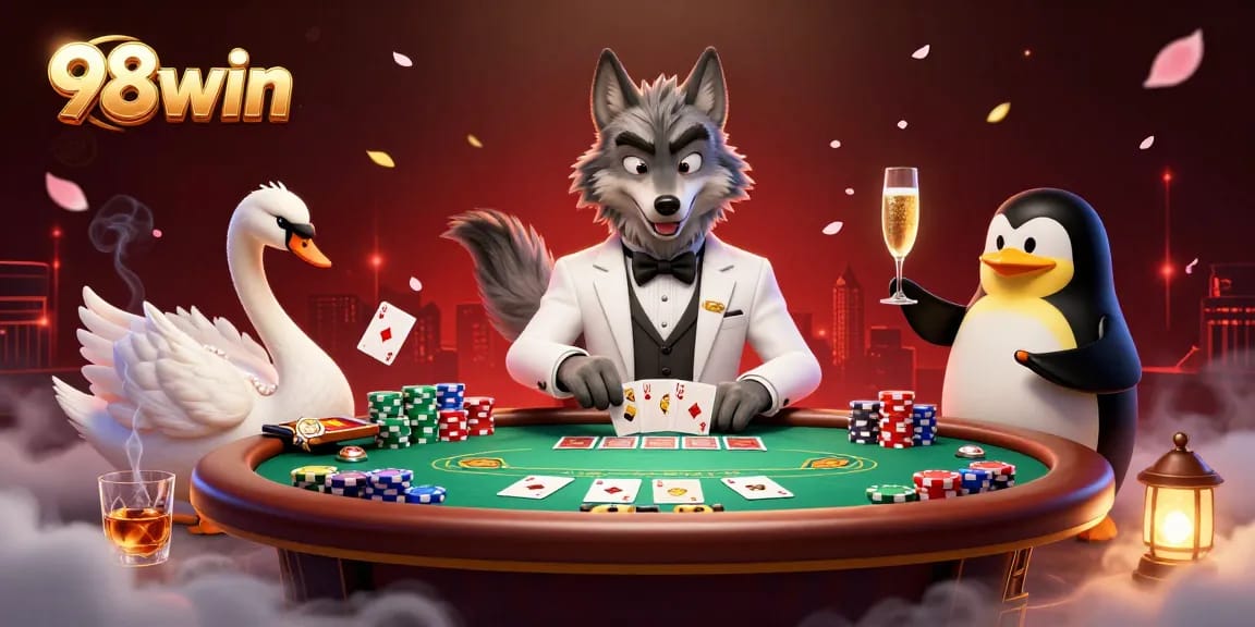 Experience thrilling baccarat at 98win with a captivating 3D cartoon casino scene featuring a wolf, swan, and penguin.