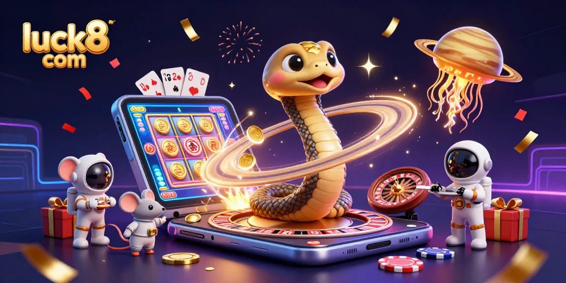 Place bets with luck8 com in an ultra-detailed 3D casino scene featuring a Saturn snake, astronauts, and vibrant game elements.