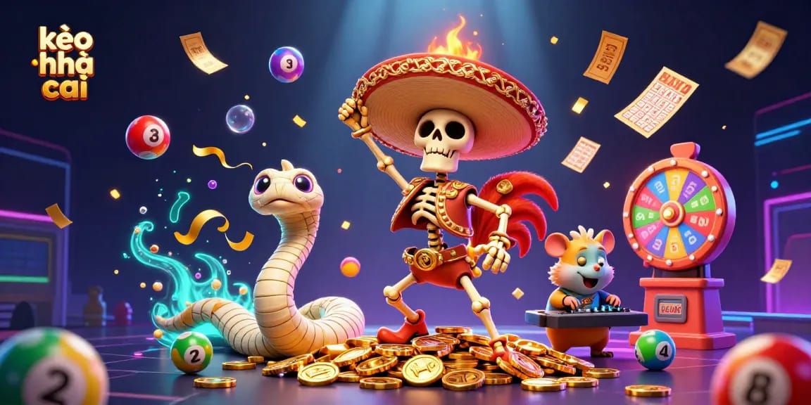 Experience kèo nhà cái excitement with vibrant 3D characters celebrating over winning rewards and games.