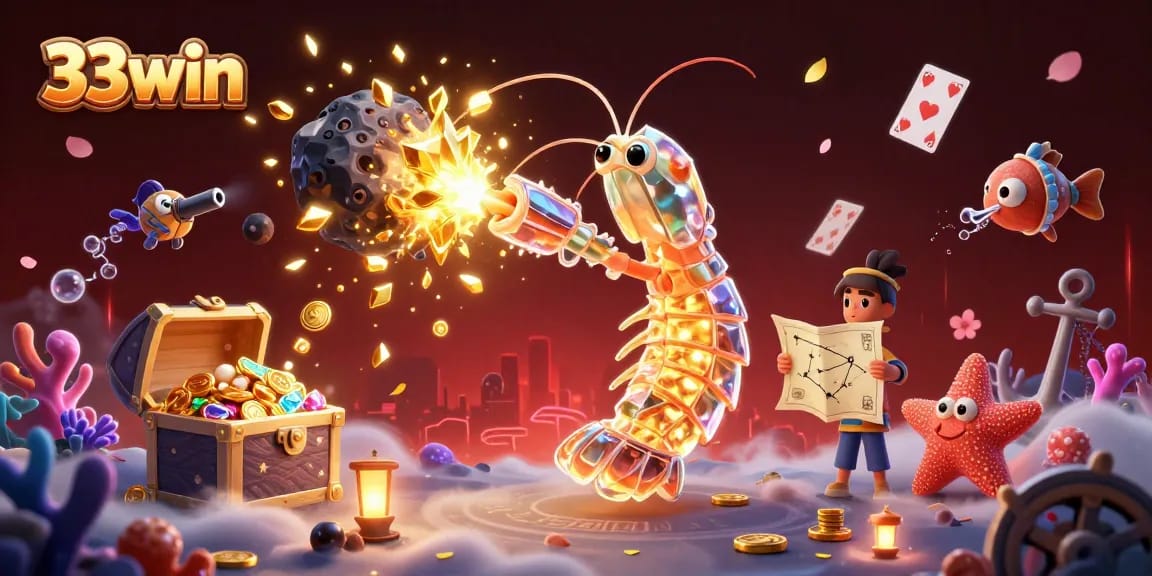 33win features a galactic samurai shrimp and starfish amidst exploding treasure, showcasing thrilling casino action.