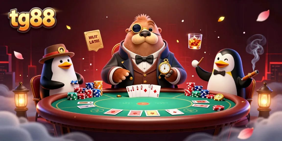 tg88 enhances your poker strategy with a vibrant underwater poker scene featuring a bluffing pufferfish.