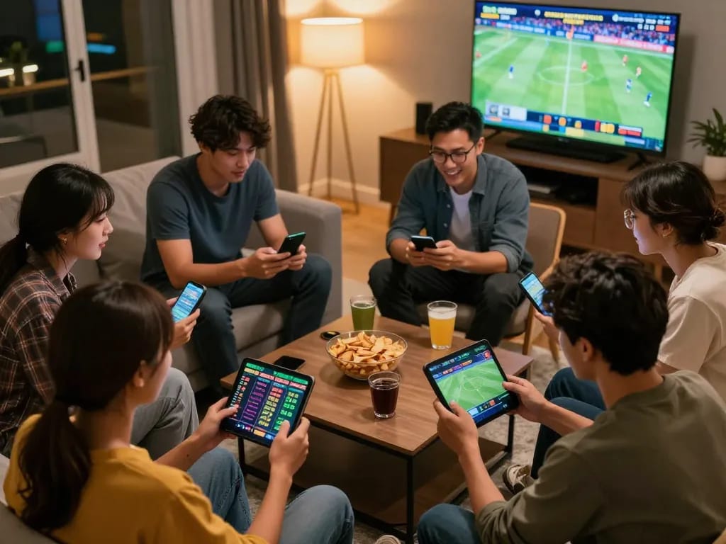 Excited players engaging in a sports betting event with rr88 on their devices, capturing a lively atmosphere.